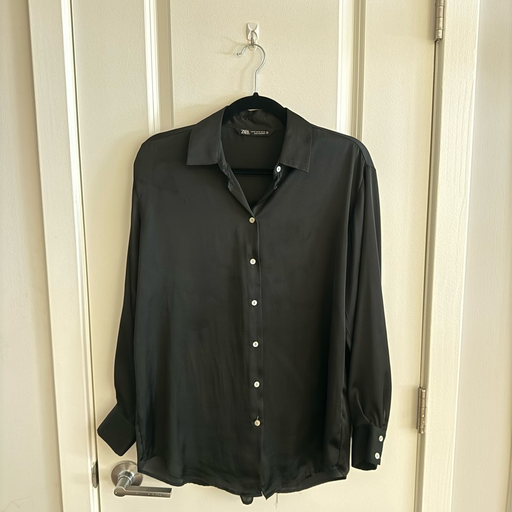 Zara Black Satin Button-Up Shirt